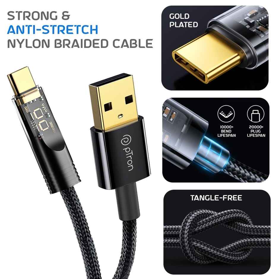 pTron Solero 65W USB to Type-C Super Fast Charging USB Cable Compatible with Samsung,OnePlus,Oppo,Vivo,Xiaomi,Realme & Other Type-C Devices, Unbreakable Nylon Braid, 480Mbps Data Sync Speed (1M) - Black