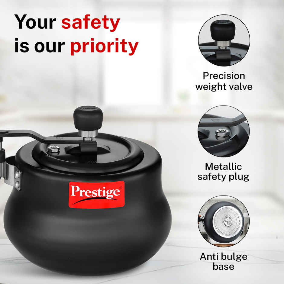 Prestige Nakshatra Plus Svachh HA Aluminium Handi Pressure Cooker 3L,Ind Base,Spillage Control,Black