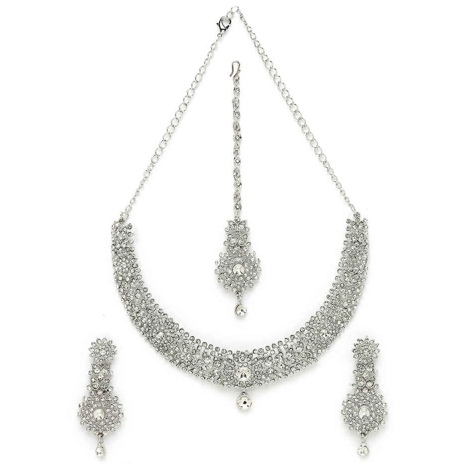 Sukkhi Fashion Rhodium Plated Silver Stone Studded Choker Necklace Set