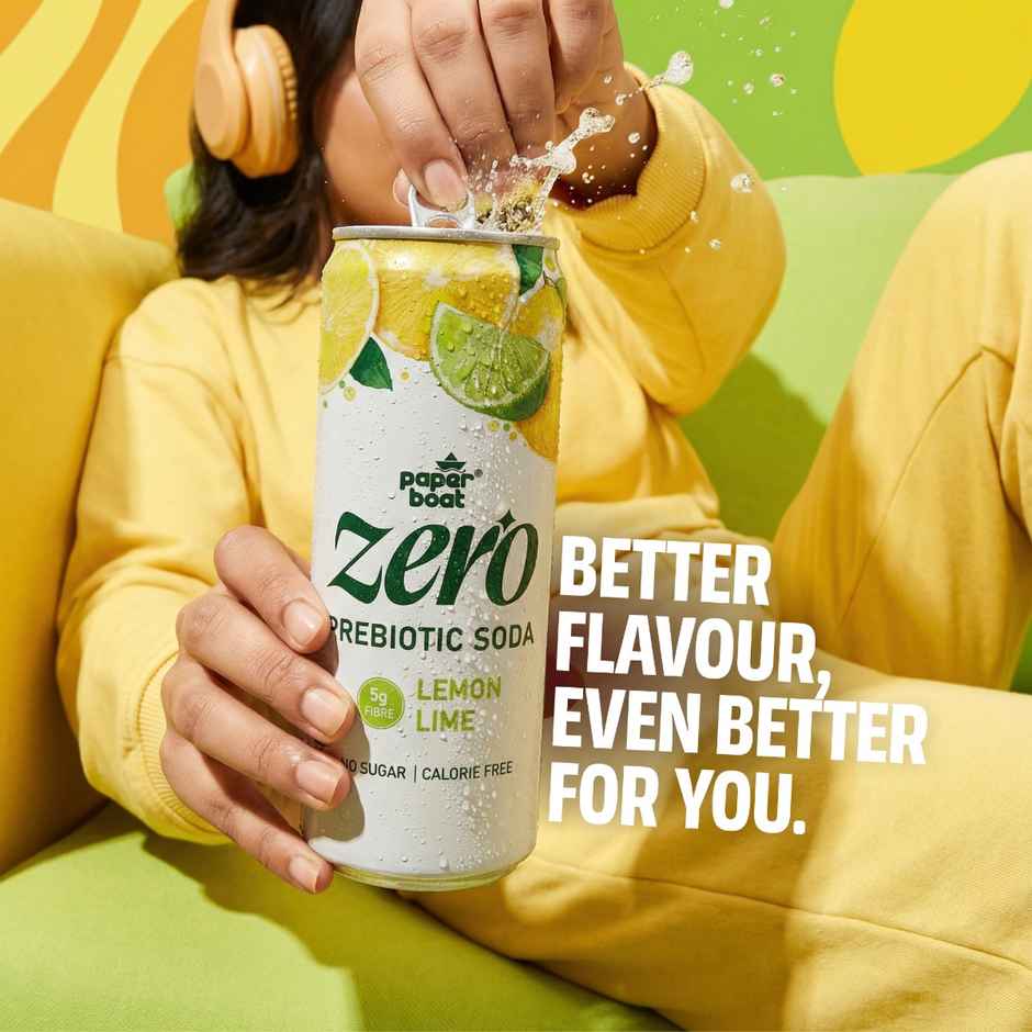 Paper Boat Zero Prebiotic Soda Lemon Lime, 5g Fibre, Caffeinated Sugar Free Cold Drink