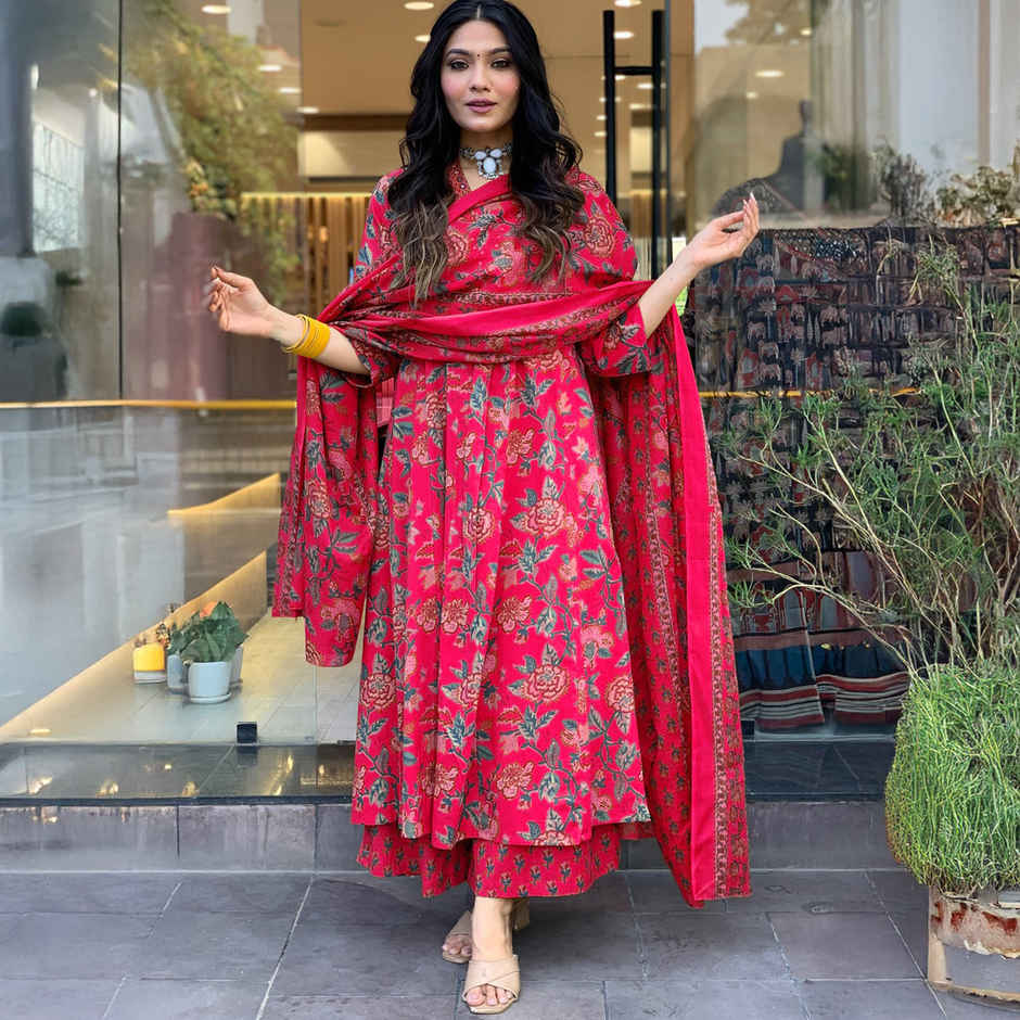 GoSriKi Women's Viscose Rayon Anarkali Printed Kurta with Pant & Dupatta | CIA | Pink - XL