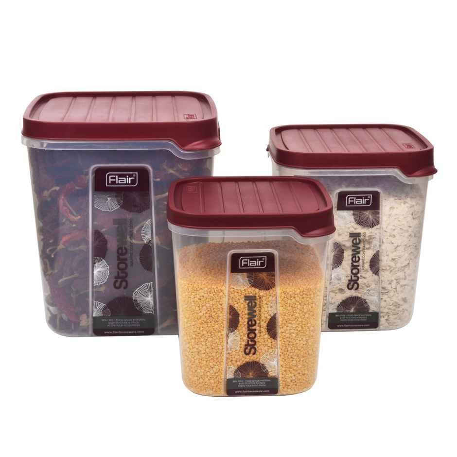 Flair Plastic Storewell Square Food Storage Containers Maroon - Set 3 Pcs (6000Ml,8000 ml,12000 ml)