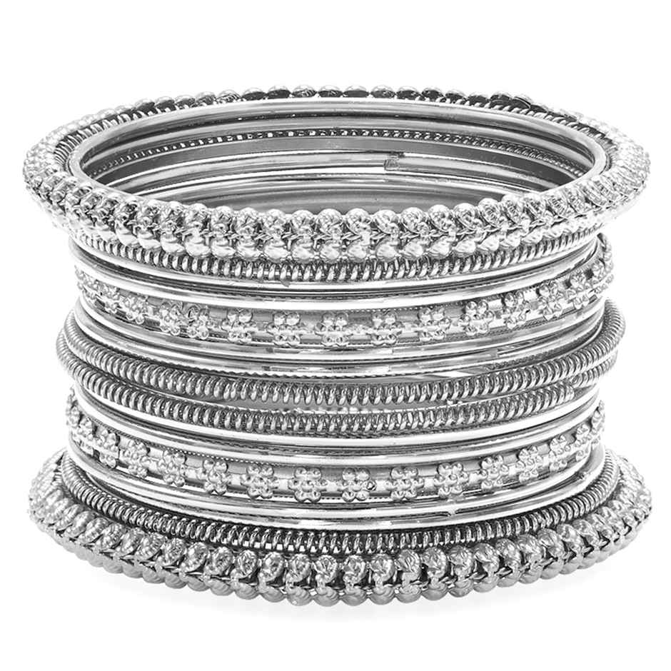 Peora Traditional Antique Look Oxidised Silver Plated Metal Bangle Set for Womens (2.4 inch)