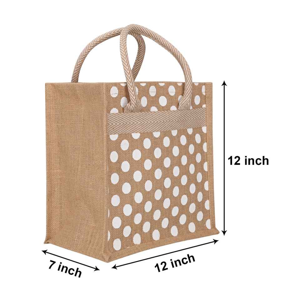 Jute Cottage Carry Bag - Polka Dot Zipper Lunch Bag | Eco-friendly | Natural | 12 x 12 x 7