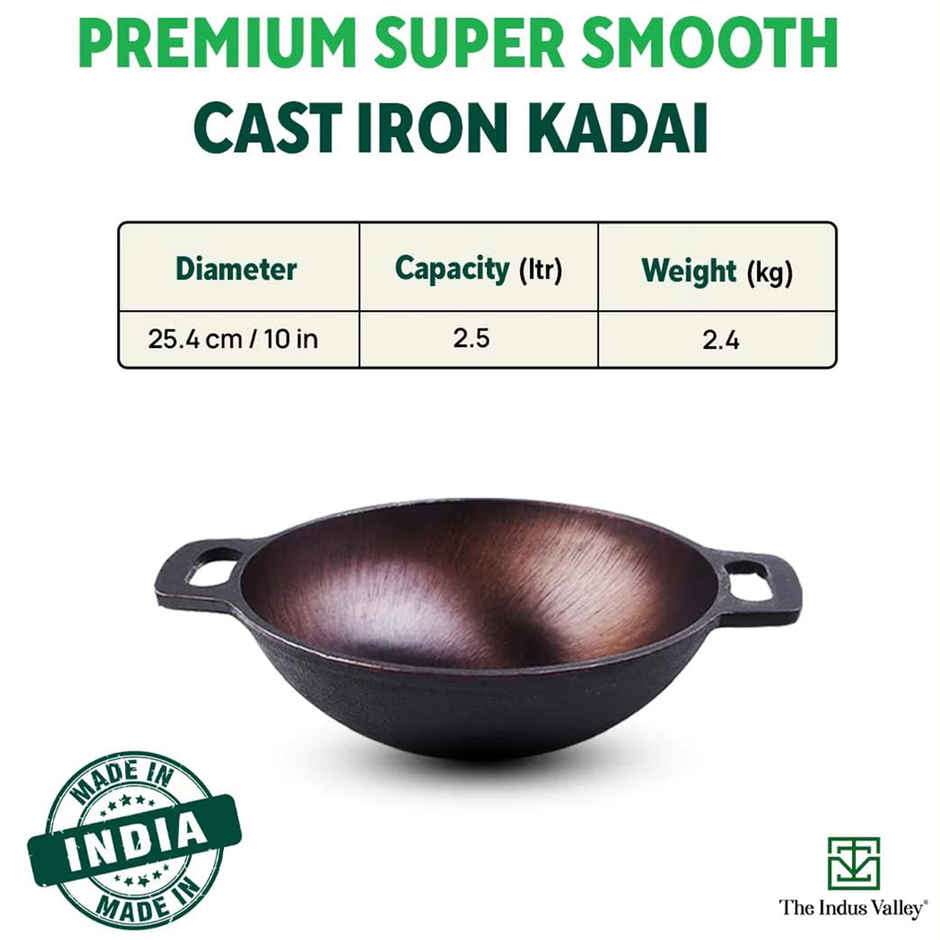 The Indus Valley Super Cast Iron Kadai with Free Iron Tadka Pan |25.4cm/ 10Inch, 2.5Ltr, 2.4kg