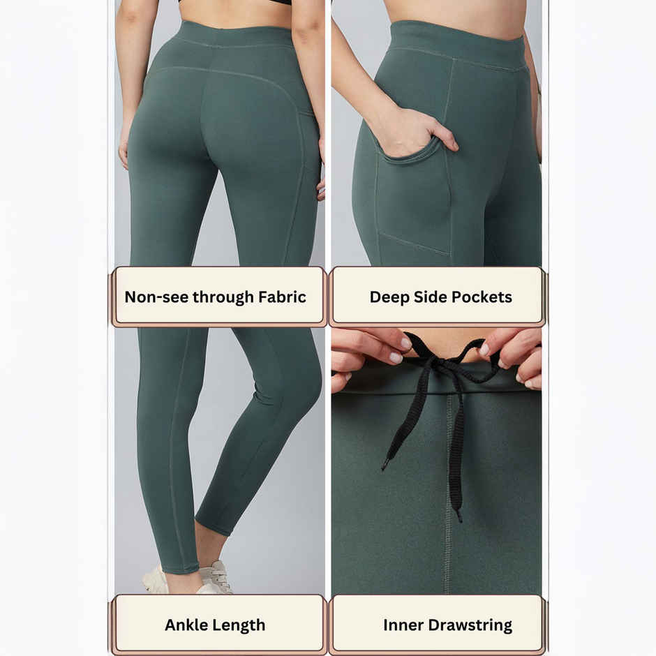 Blinkin Women's Gym Pants & Tights - Dark Green | Stretchable | With Side Pockets | S