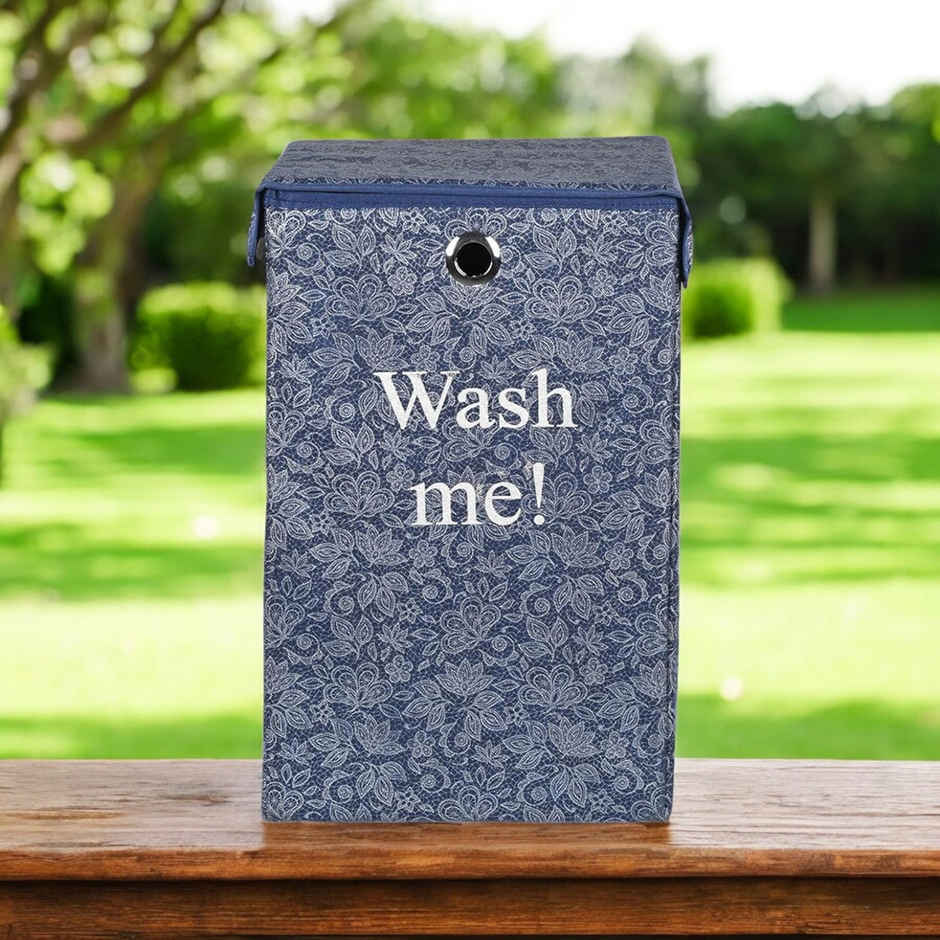 Kuber Industries | 75 L | Flower Foldable Laundry Basket with Ring | Velcro Lid | Navy Blue