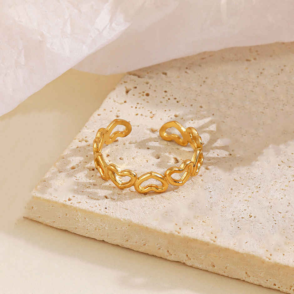 Label She Gold Plated Anti Tarnish Stainless Steel Heart Themed Adjustable Ring | LS-RNG-72160