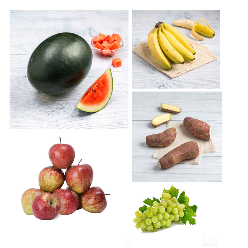 Banana (3pc) & Sweet Potato (500g) & Baby Apple Shimla (1kg) & Grapes Thompson Seedless (500g) & Watermelon Kiran (1pc) Combo