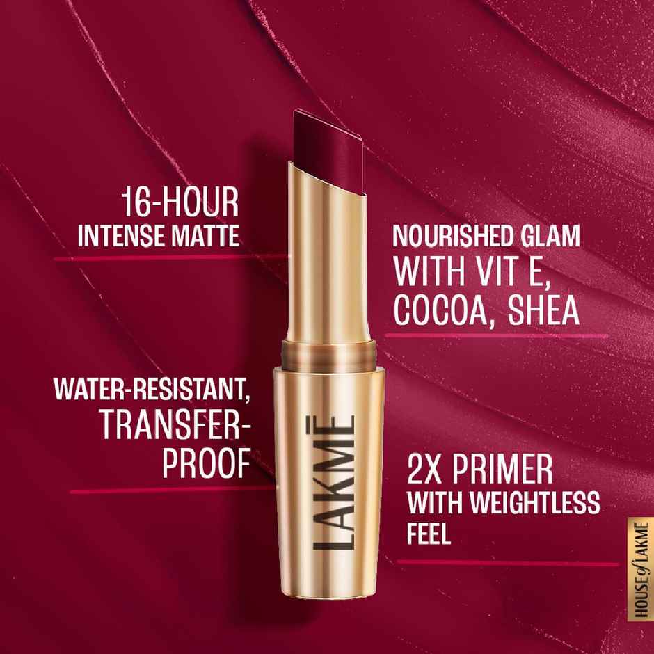 Lakme 9to5 Powerplay Priming Matte Lipstick, Lasts 16hrs, Deep Wine
