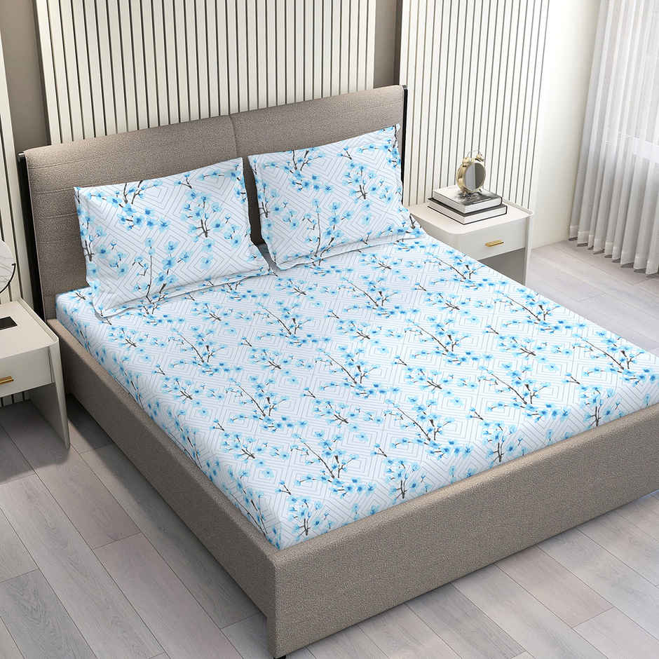 Layers Lumina Floret 100% Cotton 144 TC Blue King Bedsheet with 2 Pillow Covers