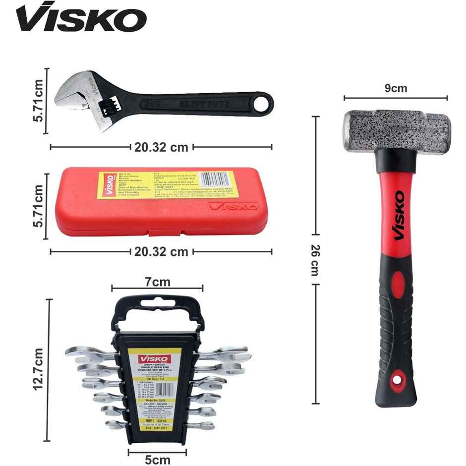 Visko 818 Hand Tools Combo With Screwdrivers | Open End Wrench | Doe Spanner | Sledge Hammer Kit
