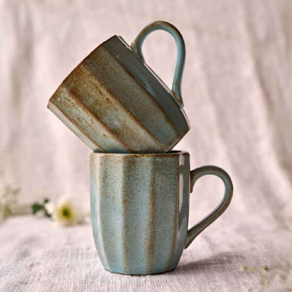 Curaa Scallop Ceramic Coffee Mug Set Of Two For Office | Home-Travel-Gifting | Handcrafted - 350 ml