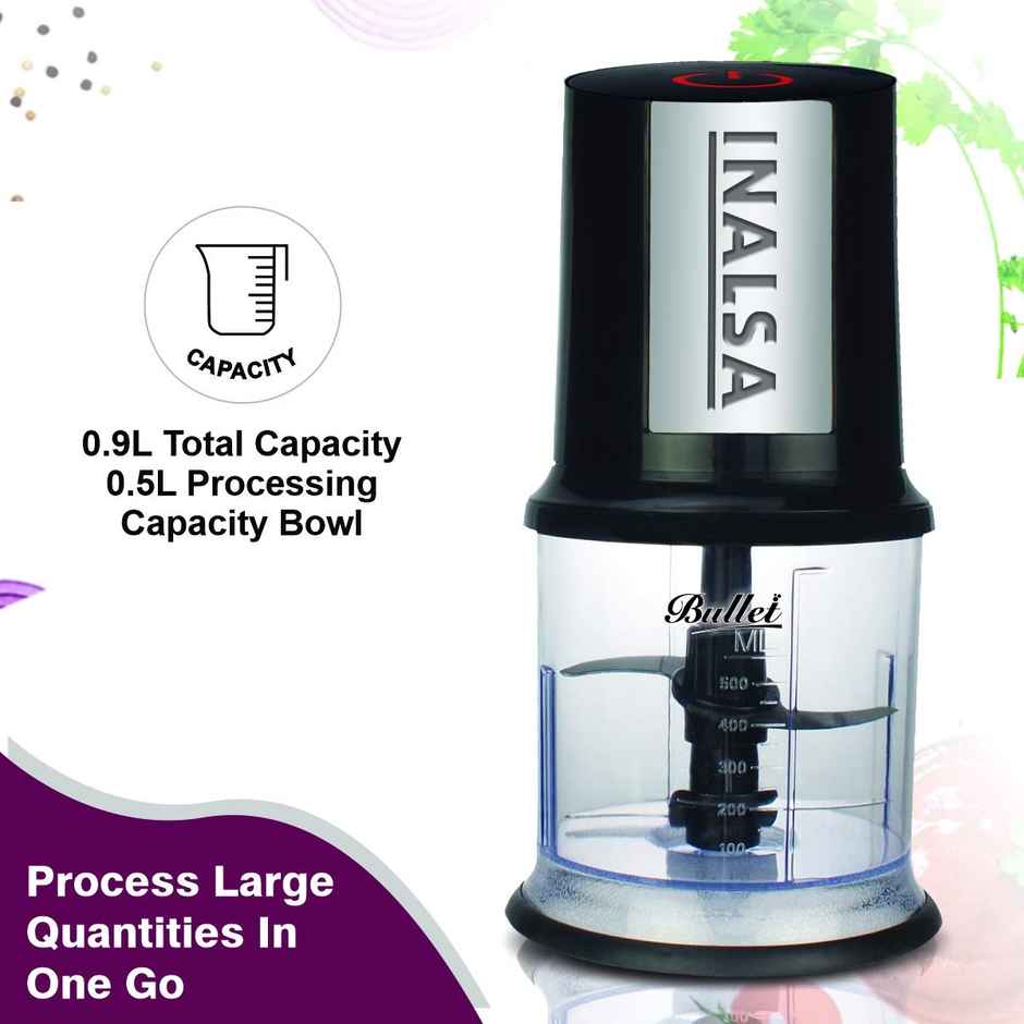 INALSA Electric Chopper for Kitchen, Bullet 400 Watts Pure Copper Motor-Black/Silver