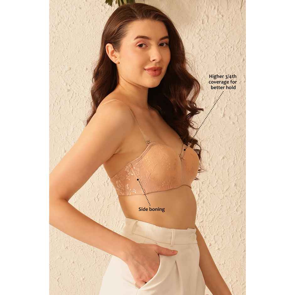 Clovia Women Padded Underwired Full Coverage Strapless Bra - Lace | Nude | 34C