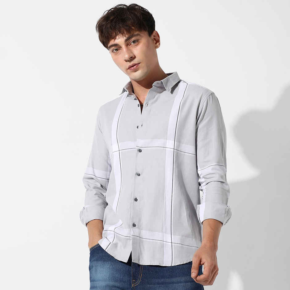 Campus Sutra Men's Tartan Plaid Shirt | Grey - XL