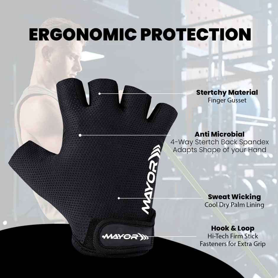 Mayor Shield Gym Gloves For Gym Workout, Weightlifting For Men And Women (Free Size, Black/Grey)