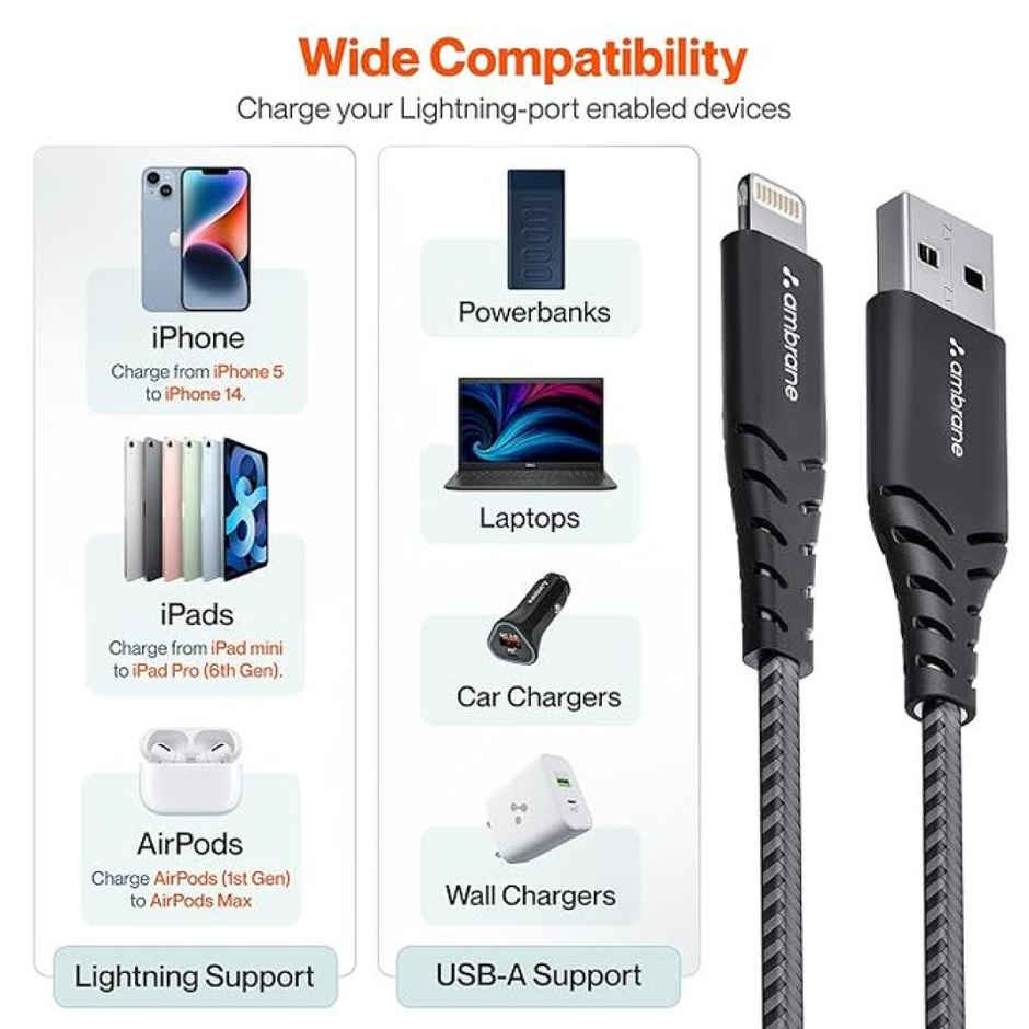 Ambrane RCL -15 USB To Lightning 3A Fast Charging Braided Lightning Cable Compatible For iPhone 14,13, 12,11, X, 8, 7, 6, 5, Ipad, Macbook, Imac, Airpods, 480Mbps Data Sync, 1.5Meter Long - Black