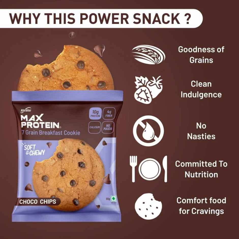 Ritebite Max Protein Cookie Choco Chips, No Maida Multigrain Premium Biscuit Cookies (55g) & Ritebite Max Protein Cookie Choco Almond, Sugar Free Premium Biscuit Cookies (60g) Combo