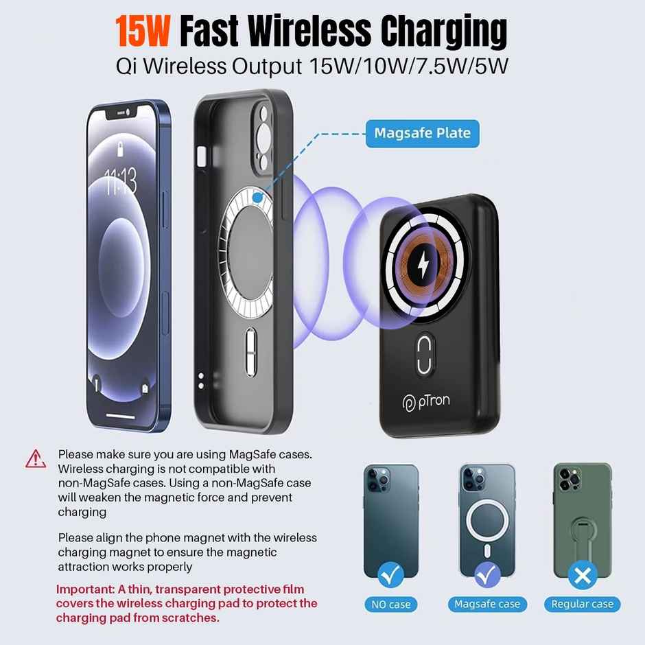 pTron Dynamo Quanta 10000 mAh 22.5W Nano Power Bank | 15W Wireless Magnetic Charging With Cables - Black