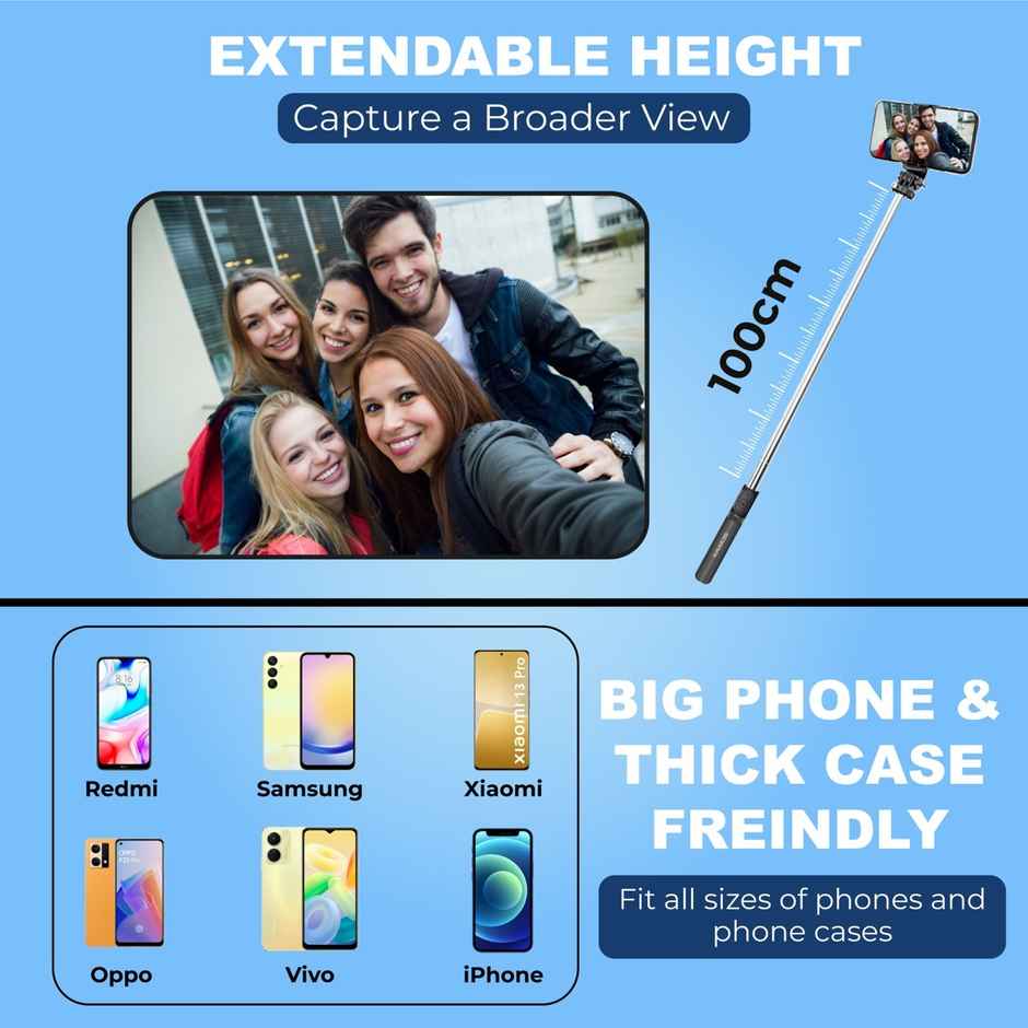 Kratos 100 cms Extendable Selfie Stick with Tripod Stand for mobile / action camera