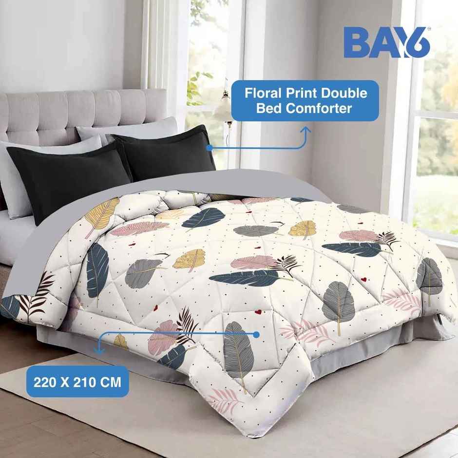 BAY6 Microfibre Floral Print Double Bed Comforter - Cream White | 210 x 220 cm