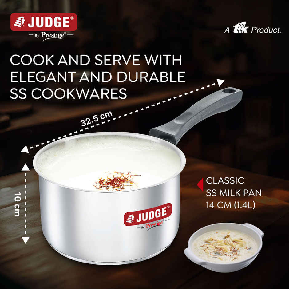 Judge By Prestige Classic SS Milk Pan 14cm/1.4Ltr,Superior Quality SS,Unique Triply Bottom, Silver