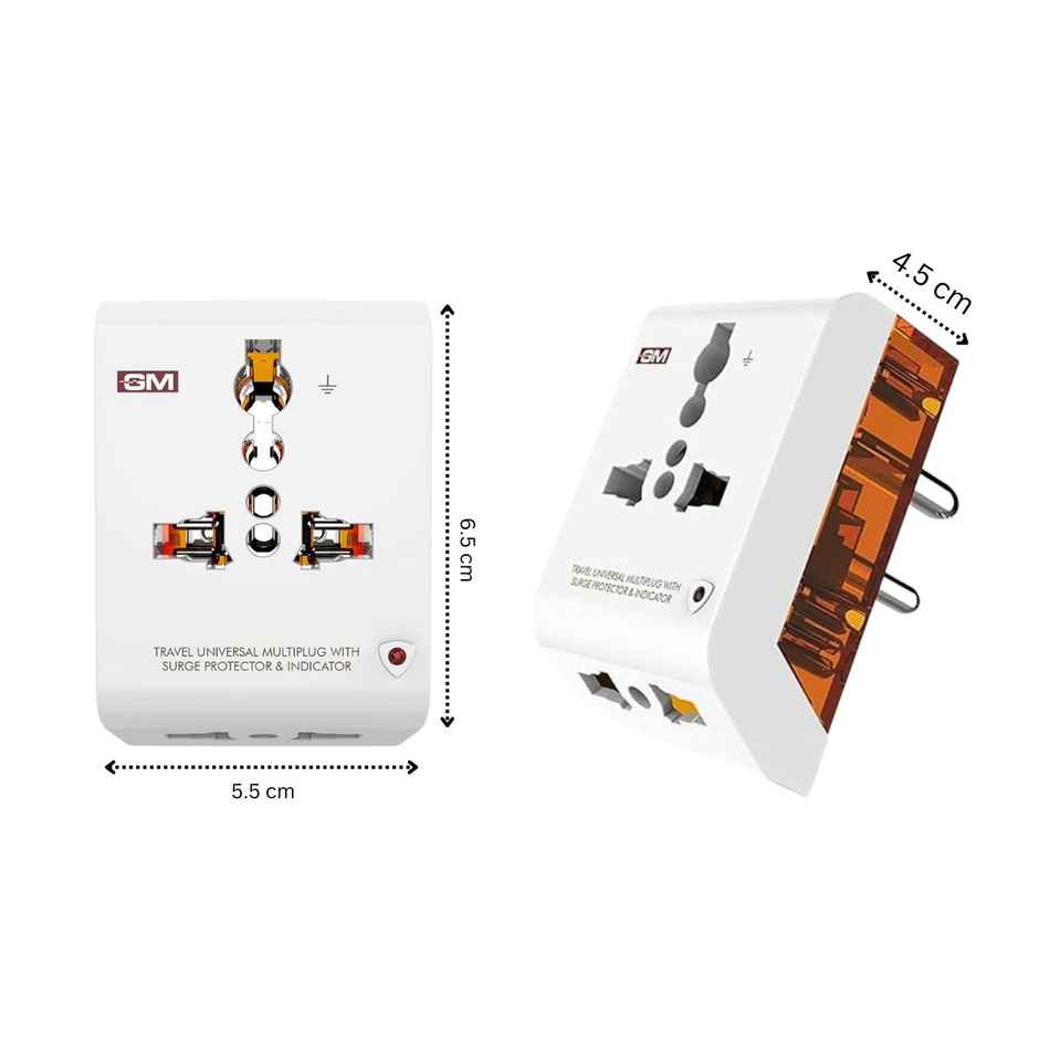 GM 3012 3 Pin Travel Universal Multi Plug Adaptor with Surge Protector and Indicator White