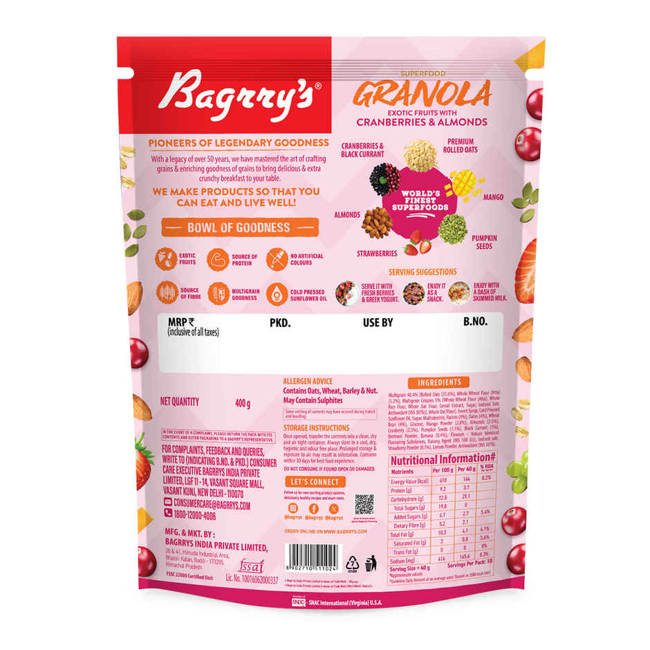 Bagrry's Exotic Fruits with Cranberries & Almonds Granola (30% Fruits, Nuts & Berries)