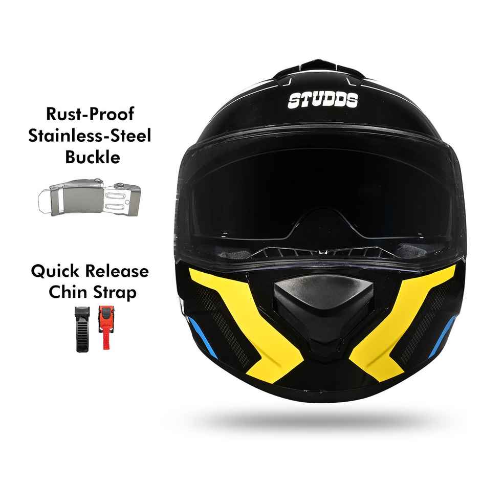 Studds Drifter D4-R1 ISI-DOT Certified Full Face Helmet | Dual Visor & Spoiler |Black Yellow - M