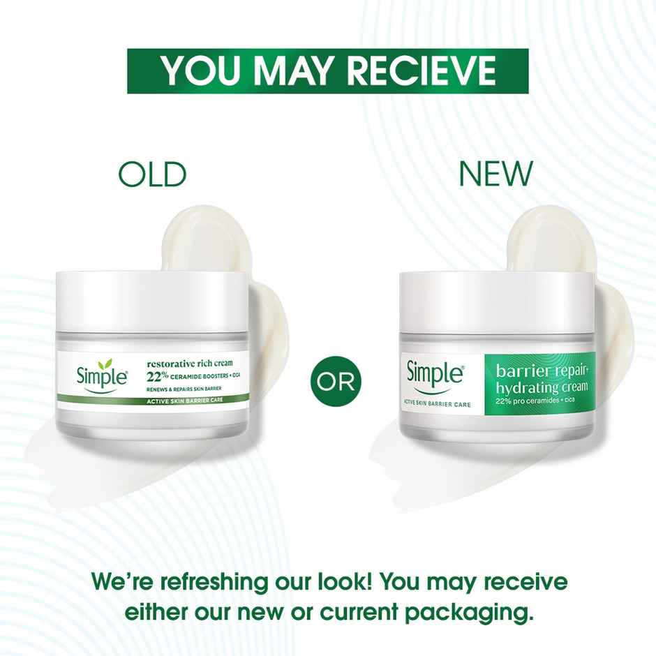 Simple Barrier Repair+ Hydrating Cream | 22% Ceramide Boosters | Moisturiser