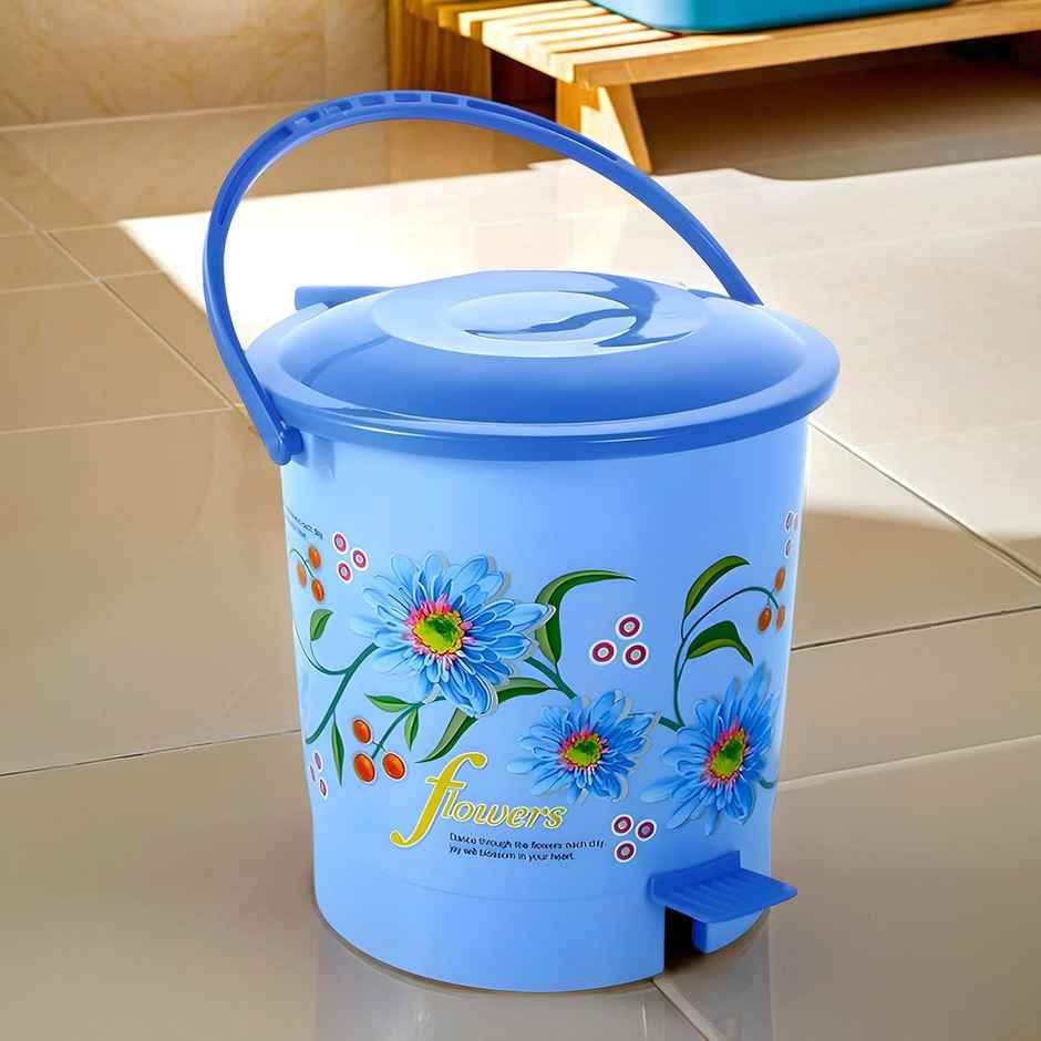 Kuber Industries Plastic 10 L Step-On Pedal Dustbin with Lid | Flower Print | Blue