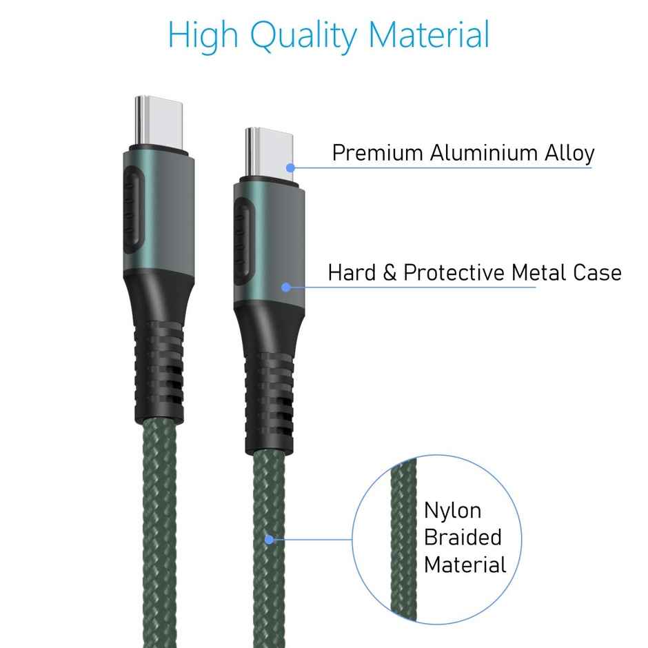Portronics Konnect C Square 18W POR-1065 Type-C to Type-C 1.2M Type C Devices USB Cable with Power Delivery & 3A Quick Charge Support, Nylon Braided for All Type-C Devices - Green