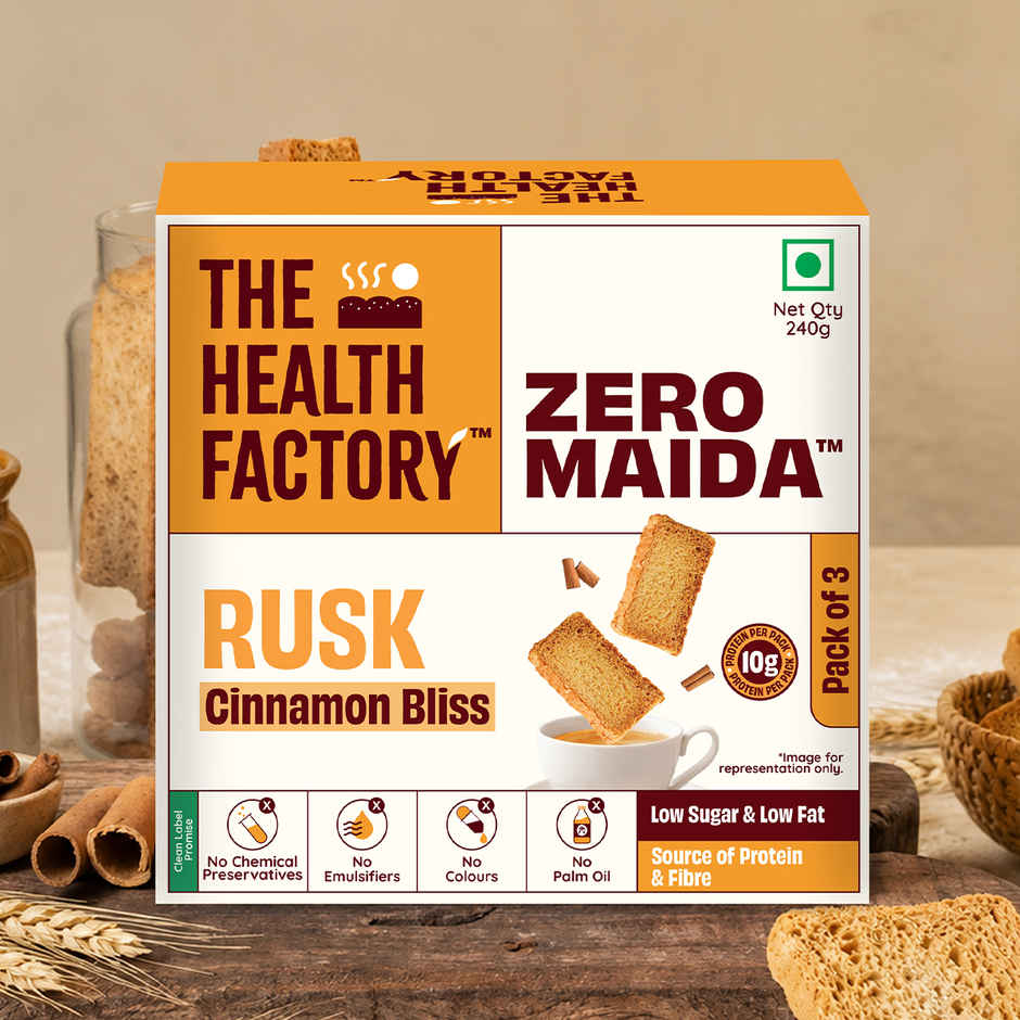The Health Factory Rusk Cinnamon Bliss | Zero Maida | Source of Protein & Fibre | Wheat Rusk Toast | Tea Time Snack