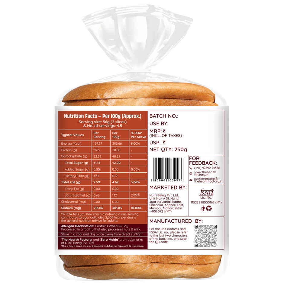 The Health Factory Super Protein Bread | Zero Maida | 51g High Protein | Whole Wheat Bread