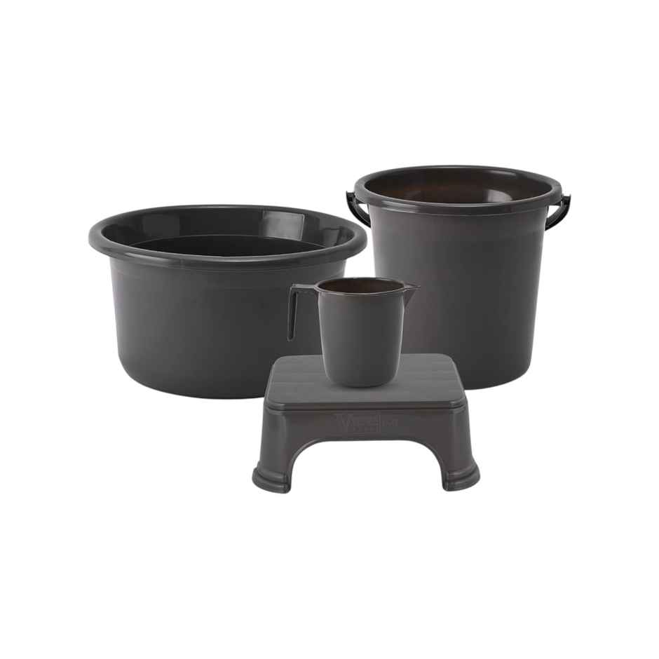 Kuber Industries Tub-Bucket with Mug & Stool Bathroom Combo Set|Set of 4|Gray