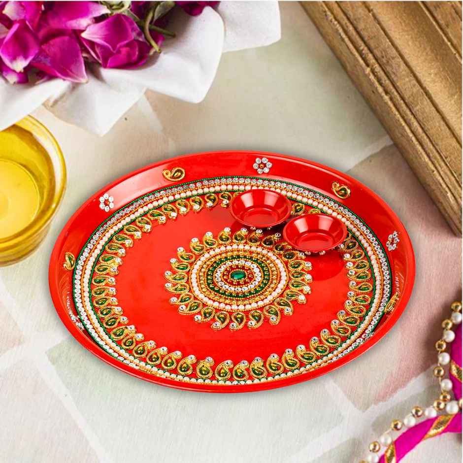 Decorative Red Pooja Thali | Beaded Work | 11 inch | Pichai