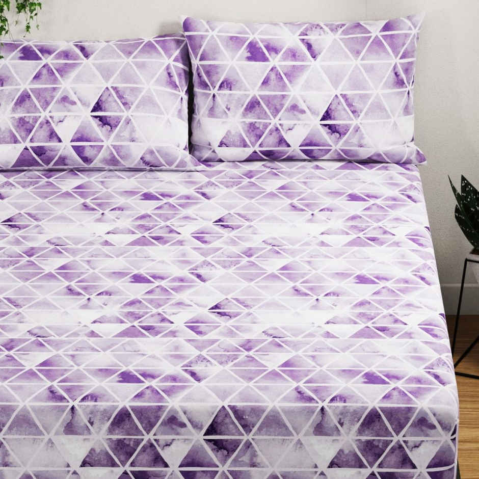 Bianca 100% Pure Cotton Double Bedsheet With 2 Pillow Covers 3pc set | Platinum Geometric - Lilac