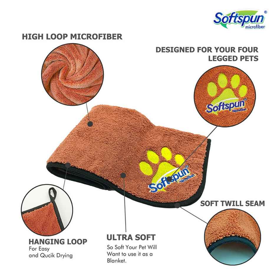Softspun Microfiber Pet Towel (Small, 380 GSM, 40x60cm, 1pc, Brown)