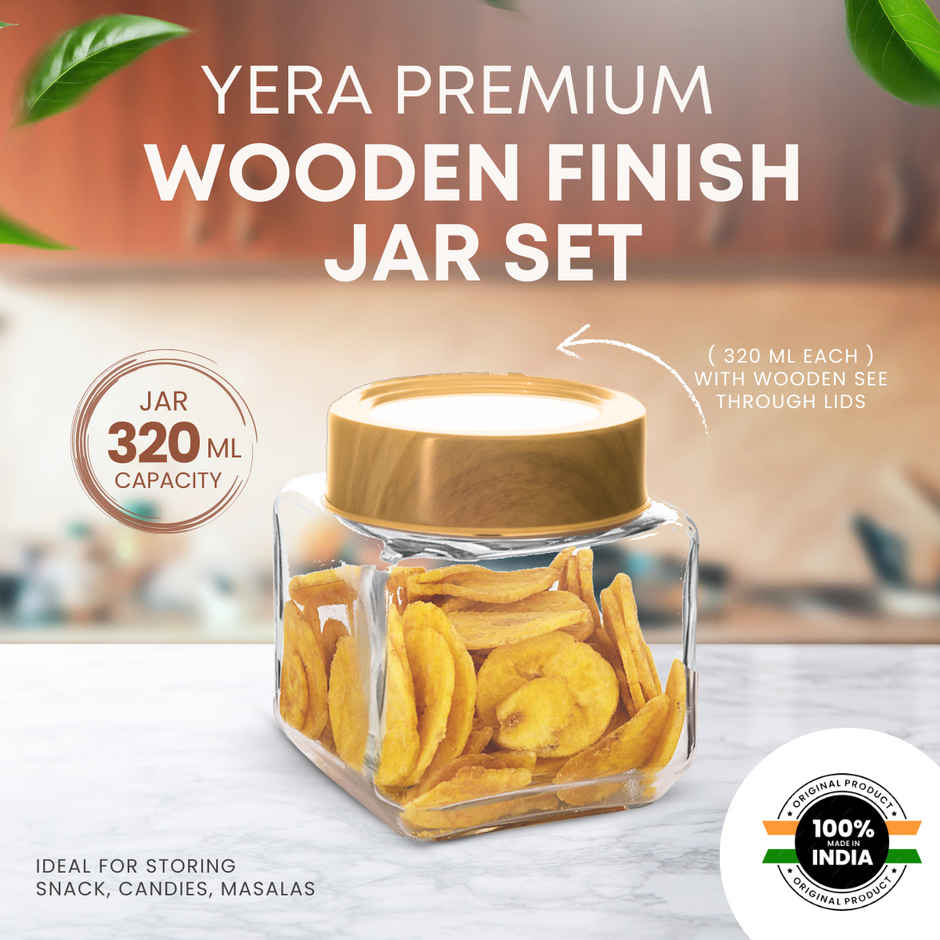 YERA GLASSWARE Premium Woody Airtight Storage Jar Set with Wooden See Through Lids - 320 ml