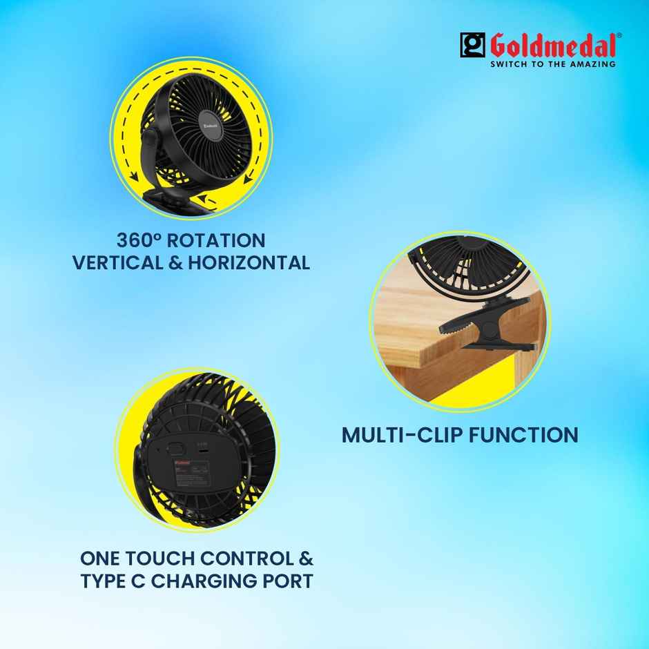 Goldmedal i-Fan 100mm Mini Portable Clip Fan | USB Charging | Desk Mountable & Multi-Clip Function | 3 Speed Modes (Black)