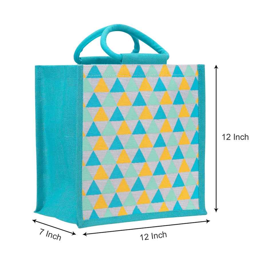 Jute Cottage Carry Bag - Triangle Print Zipper Lunch Bag | Turquoise Blue | 12 x 12 x 7.5