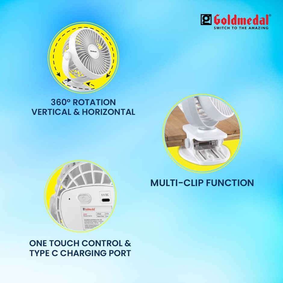 Goldmedal i-Fan 100mm Mini Portable Clip Fan | USB Charging | Desk Mountable & Multi-Clip Function | 3 Speed Modes (White)