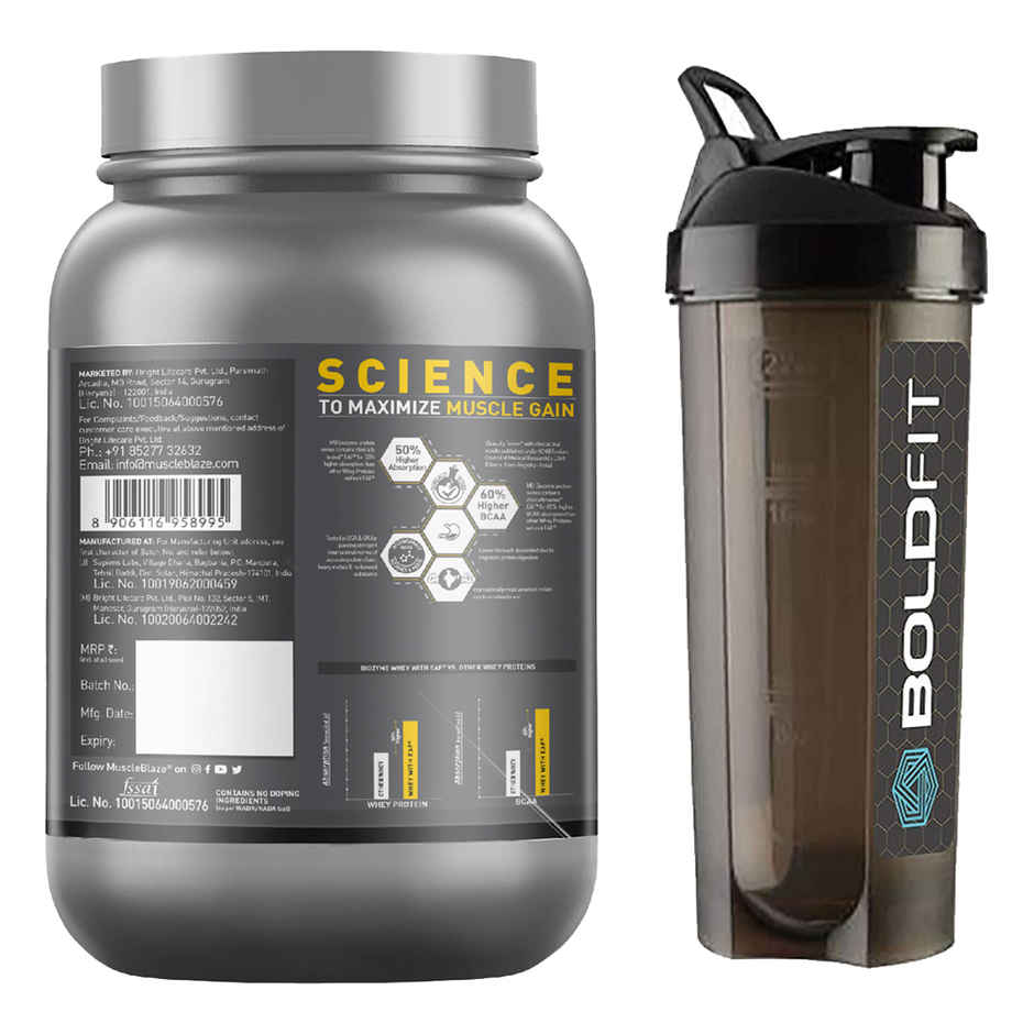 MuscleBlaze Biozyme Whey Chocolate Hazelnut & Boldfit Typhoon Shaker Bottle Combo
