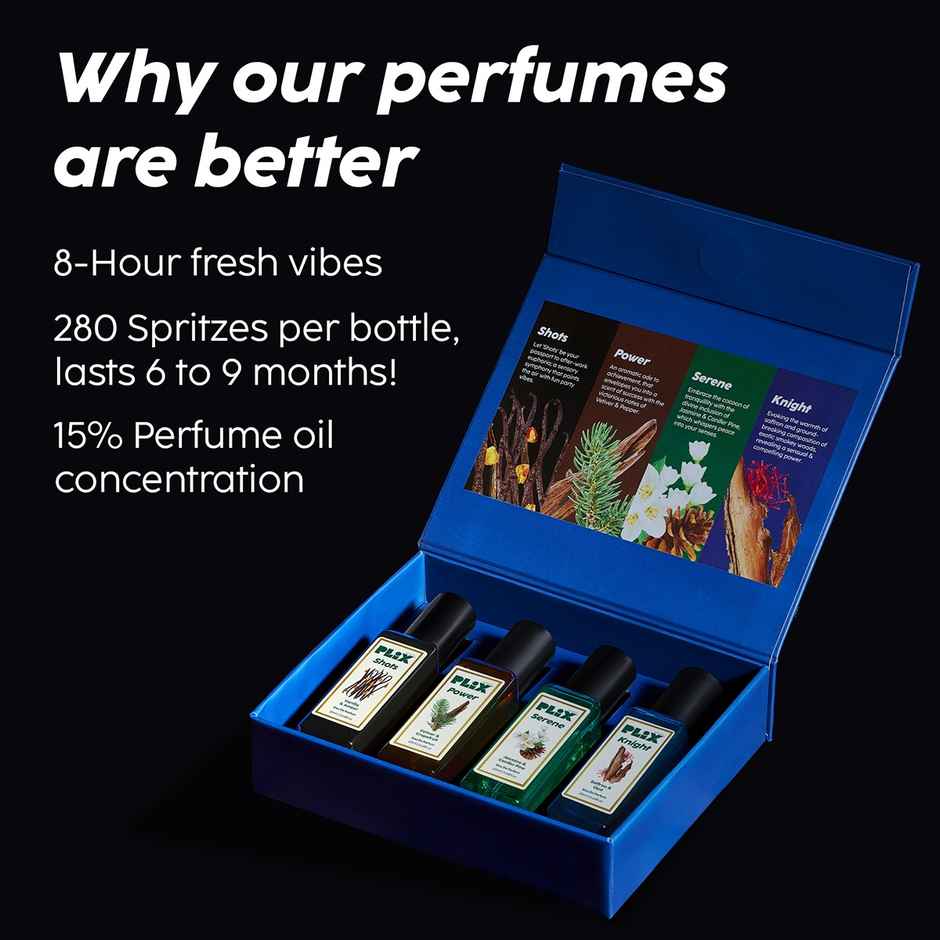 Plix Aura Luxury Perfumes - Serene, Shots, Knight, Power - Premium Long Lasting Fragrance - Pack Of 4