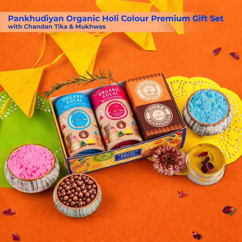 Organic Holi Colour Premium Gift Set with Chandan Tika & Mukhwas | Pankhudiyan