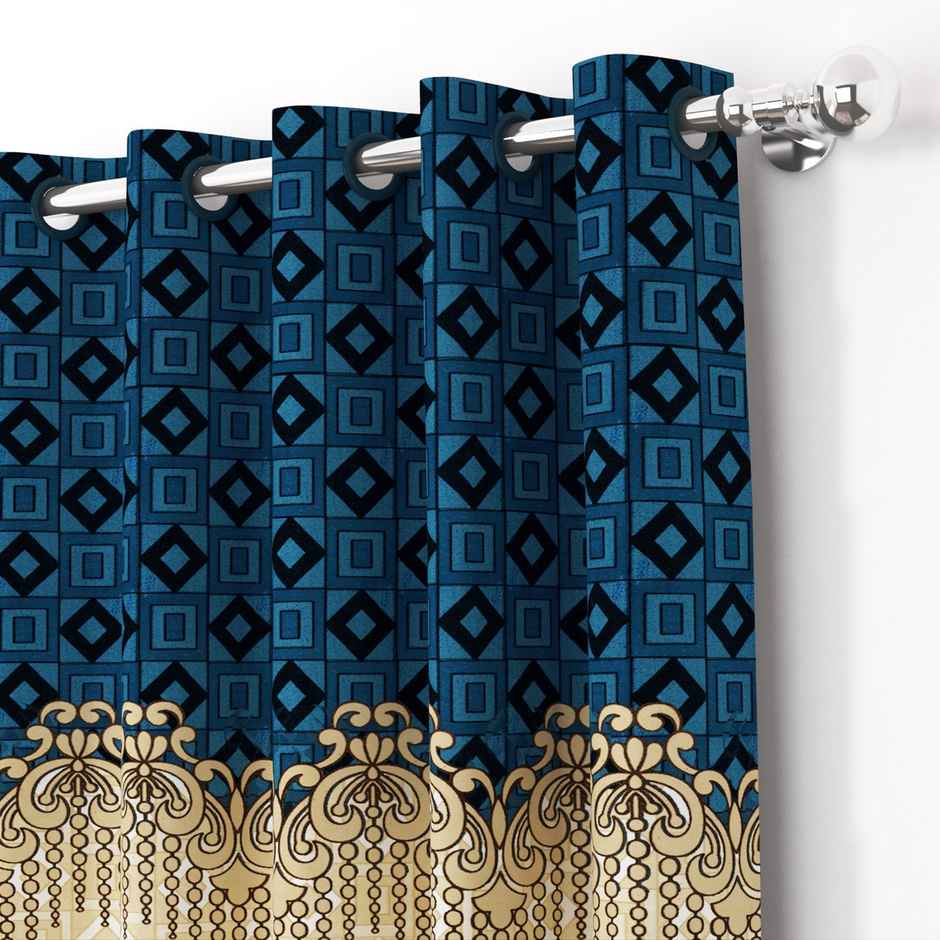 Story@Home 200 GSM Polyester Ethnic 2 Piece Door Curtain | Blue & Ivory