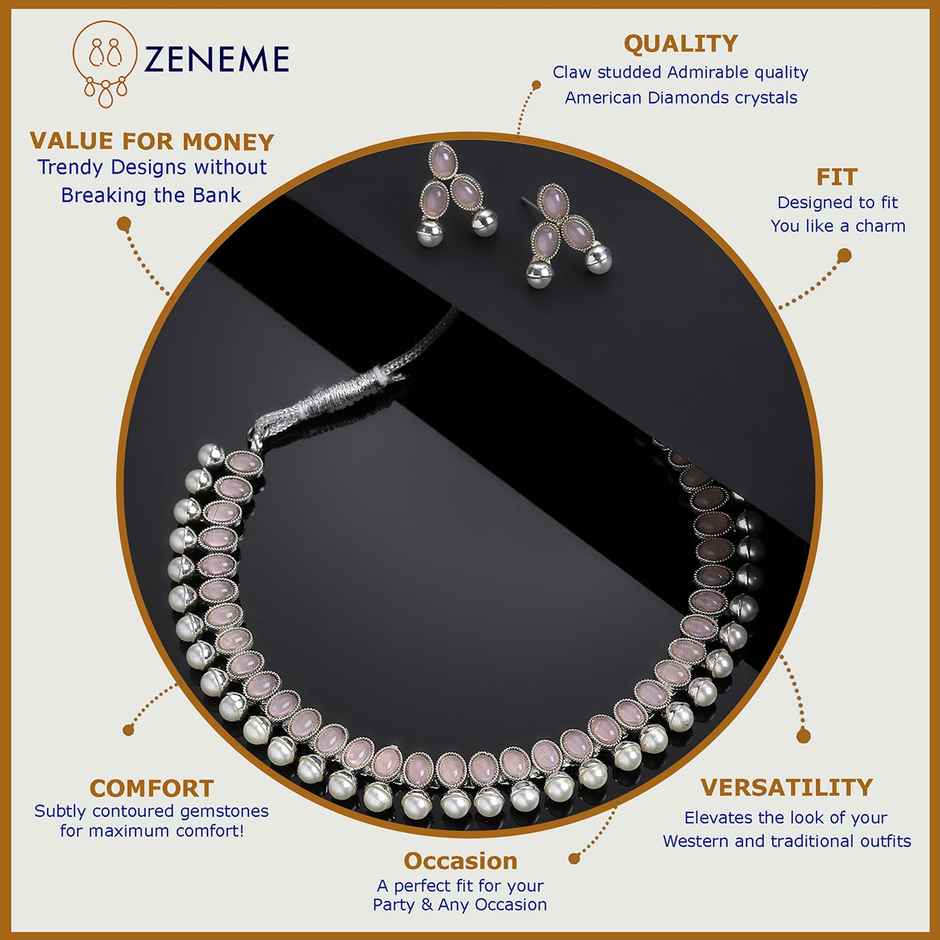 Zeneme Oxidised Silver Traditional Pink CZ Necklace With Earrings Jewellery For Women & Girls