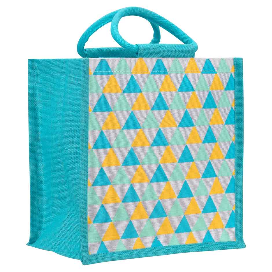 Jute Cottage Carry Bag - Triangle Print Zipper Lunch Bag | Turquoise Blue | 12 x 12 x 7.5