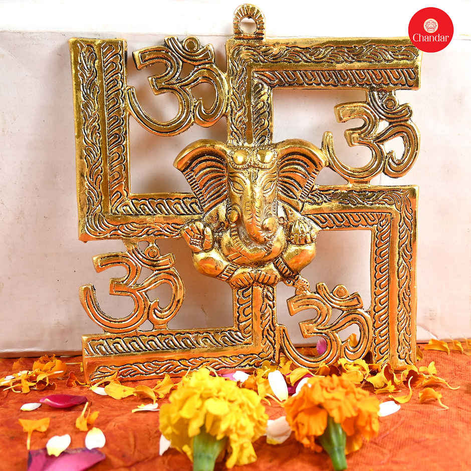 Chandar Swastik With Ganesh Ji Entrance Wall Hanging Golden Metal 21X20 Cm